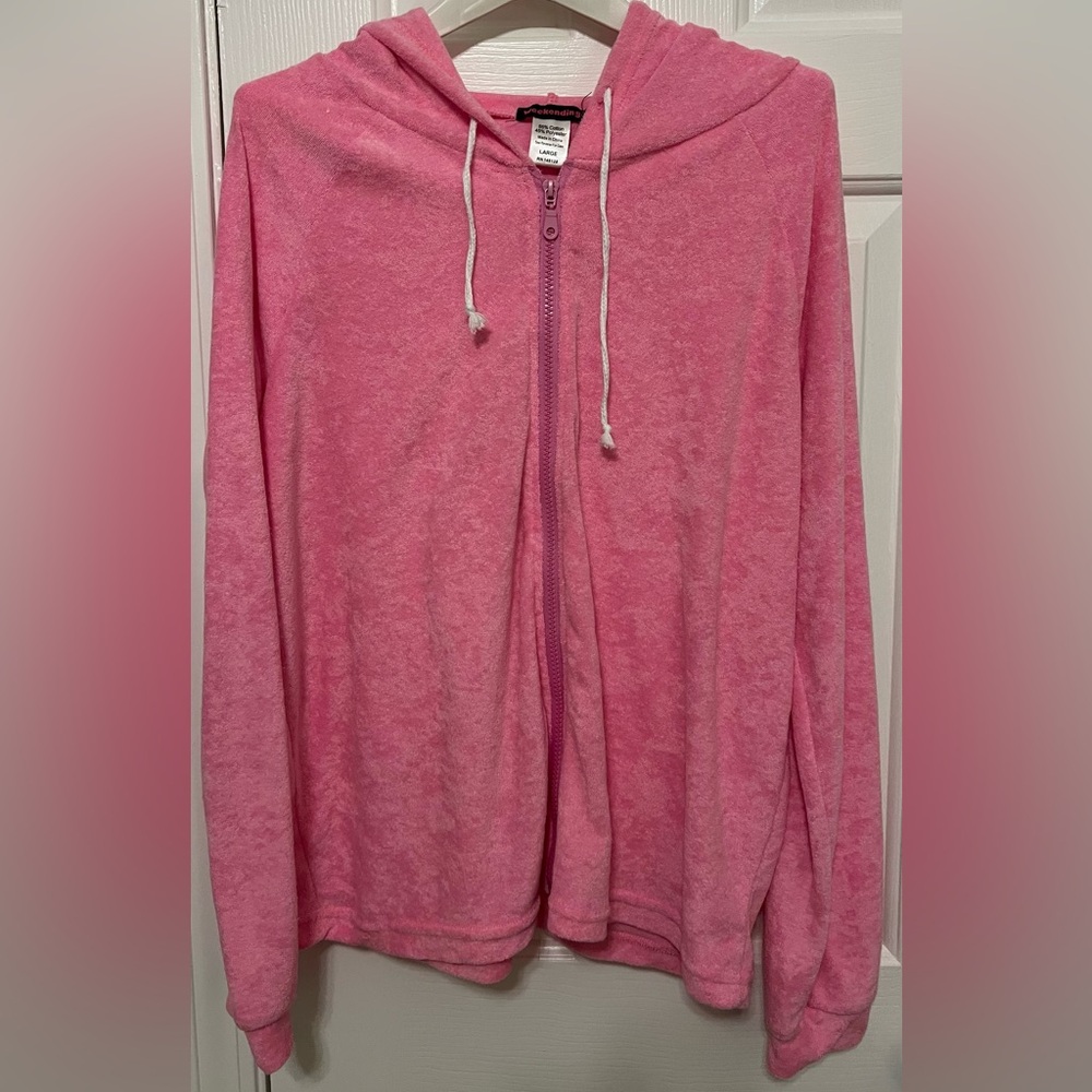 Cozy Y2K ‘Velour’ Bright Pink Zip-Up Loungewear Hoodie | Junior L